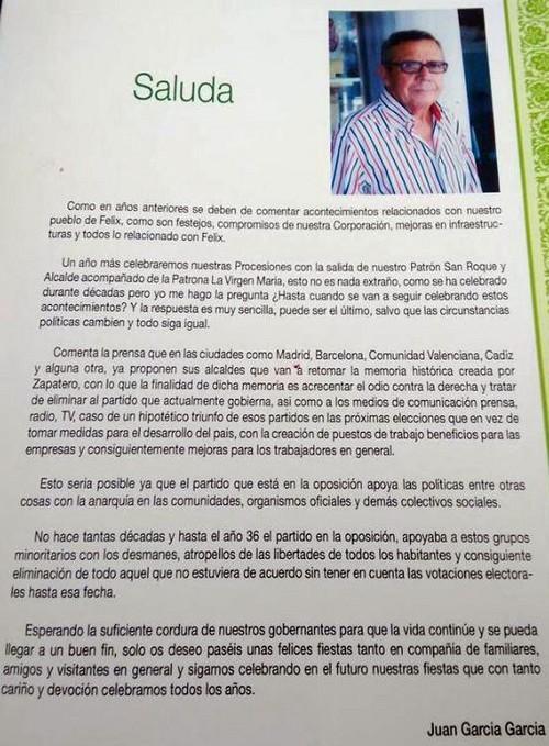 El PSOE de Felix denuncia que el Ayuntamiento permite un ‘saluda’ con tintes ‘pre democráticos’ en el libro de las Fiestas