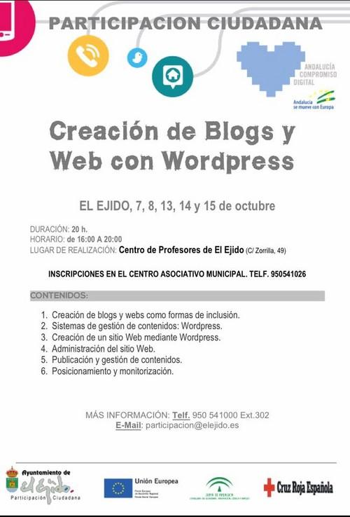 Este miércoles, día 7, comienza el curso gratuito de 'Creación de Blogs y Web con WordPress' en El Ejido