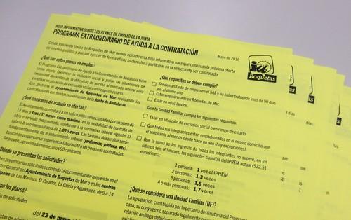 IU Roquetas edita una hoja informativa sobre la oferta de empleo público del Programa Extraordinario de Ayuda a la Contratación