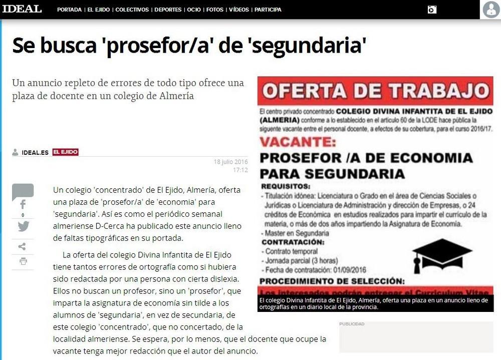 Ideal El Ejido intenta desacreditar el buen nombre del colegio Divina Infantita aprovechando un error tipográfico de D-Cerca