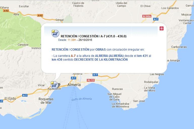 Casi cinco kilómetros de retenciones tras el corte de nuevo esta mañana de la A-7 por las obras del semienlace de Aguadulce