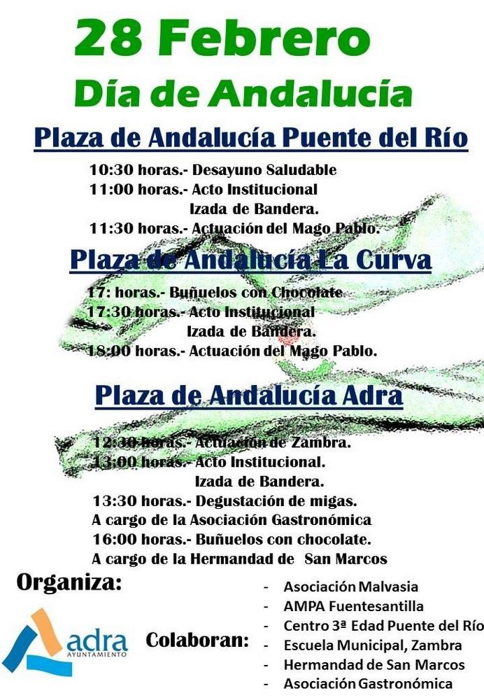 El Ayuntamiento celebrará el 28F en las Plazas de Andalucía de Adra, Puente del Río y La Curva