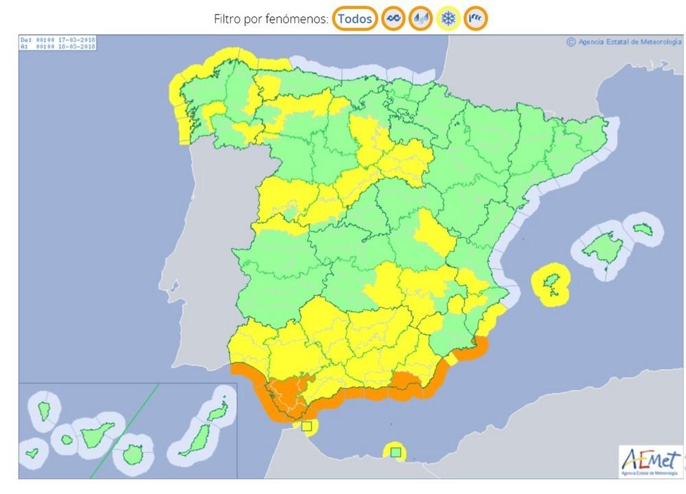 La AEMET decreta alerta naranja para el sábado por vientos de hasta 100 kilómetros por hora y olas de 4 metros en el Poniente y la capital almeriense