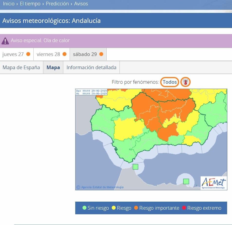 La AEMET activa la alerta amarilla por altas temperaturas en Poniente y capital para el sábado