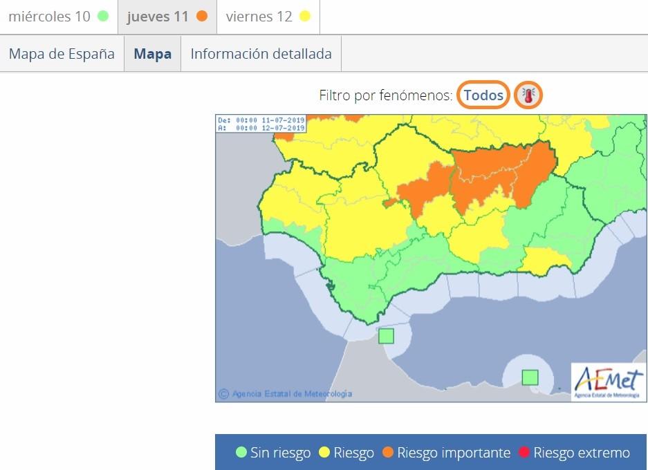 La Aemet activa la alerta amarilla por altas temperaturas en Poniente y capital para el jueves