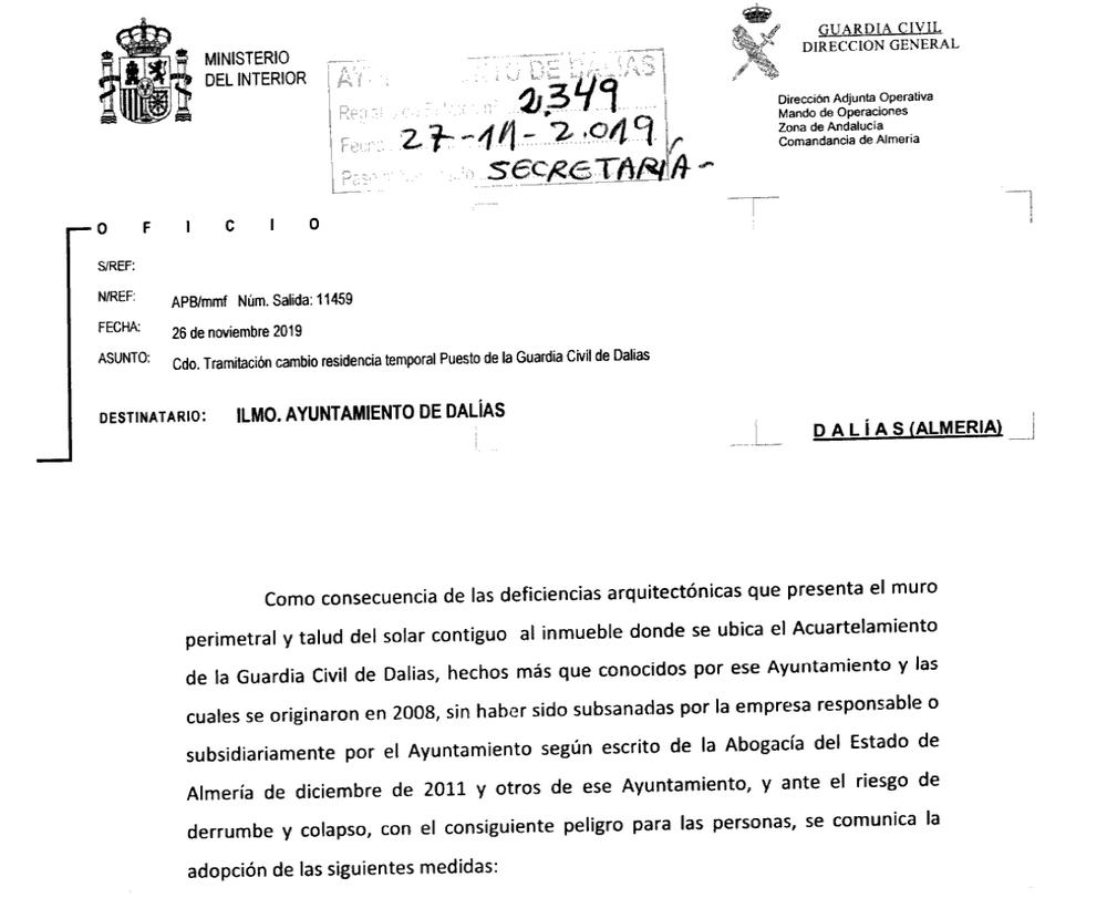 La Guardia Civil recuerda al Ayuntamiento de Dalías que la Abogacía del Estado instó hace ya ocho años a reparar las deficiencias del acuartelamiento