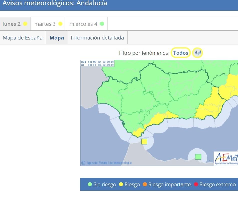 La AEMET activa la alerta amarilla por lluvia, viento y fenómenos costeros en el Poniente y la capital