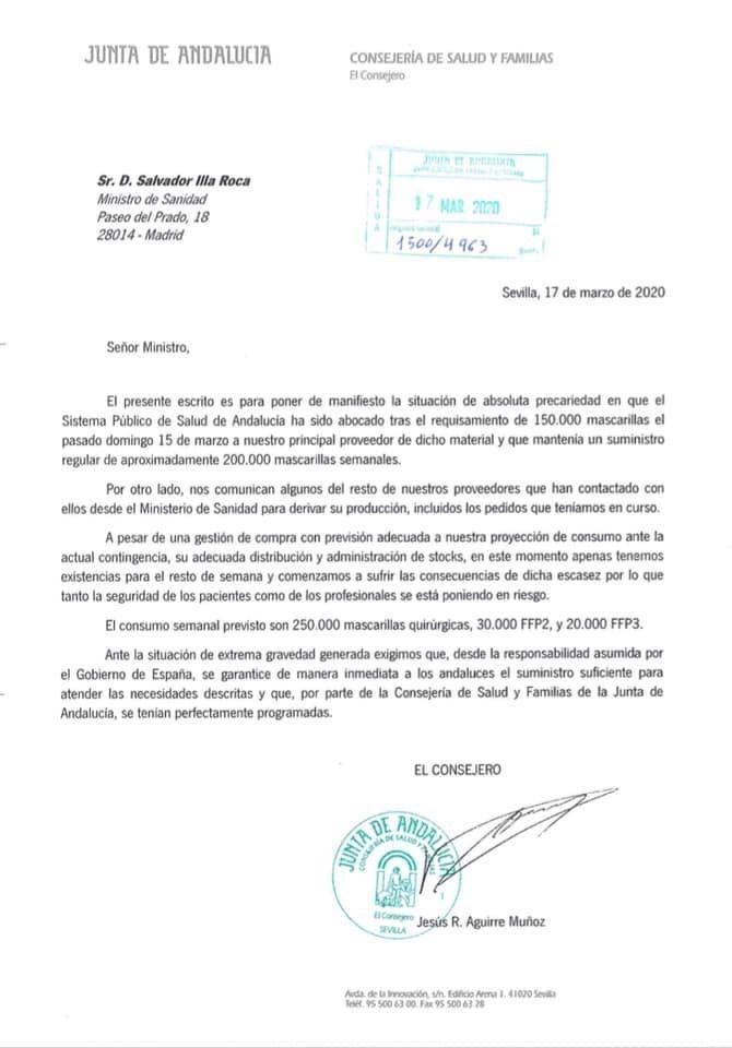 El requisamiento por parte del Estado de 150.000 mascarillas a una empresa de Jaén que suministraba a la Junta deja a Andalucía bajo mínimos de provisiones