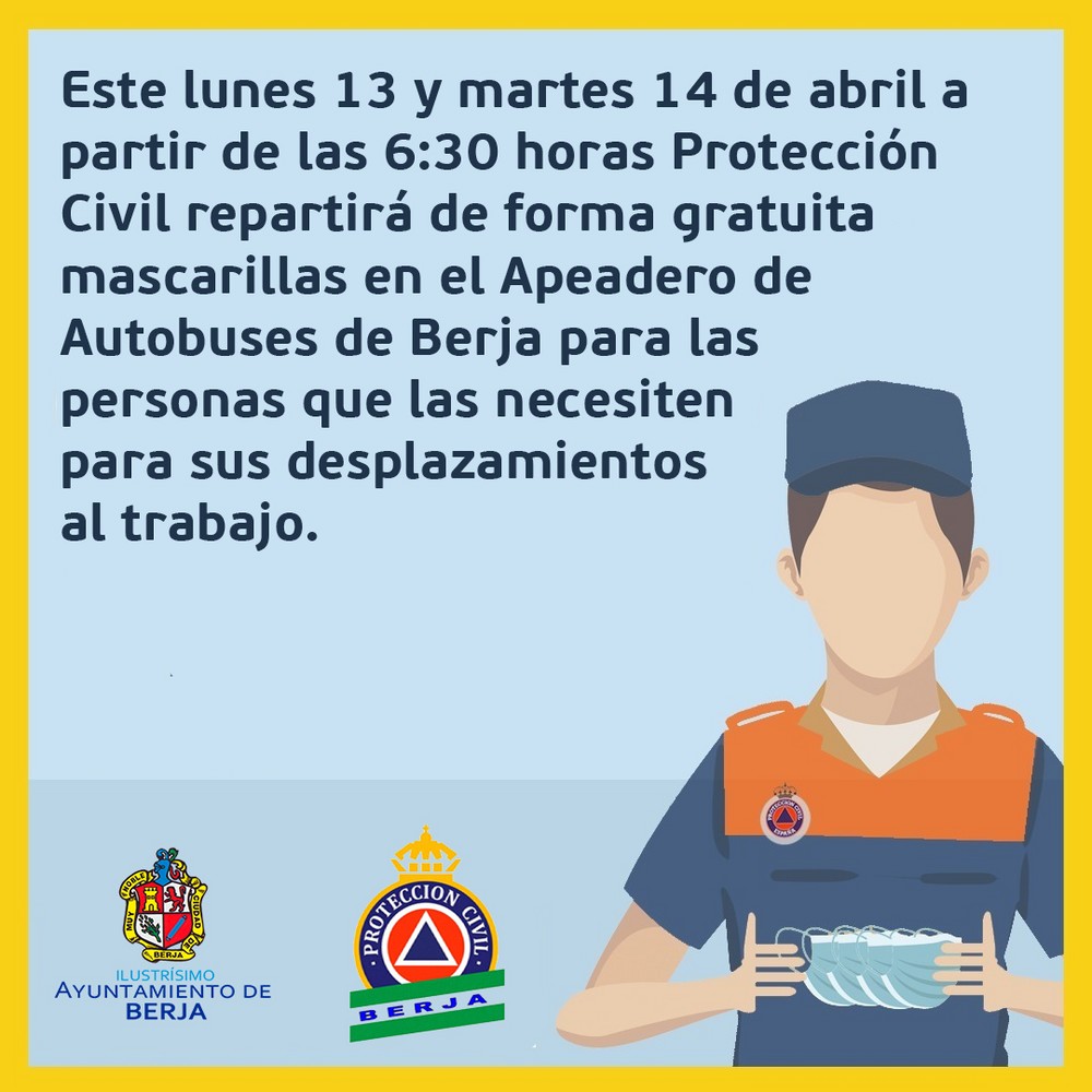 Protección Civil entregará mascarillas en el Apeadero de Berja este lunes y martes a las personas que lo necesiten para ir al trabajo