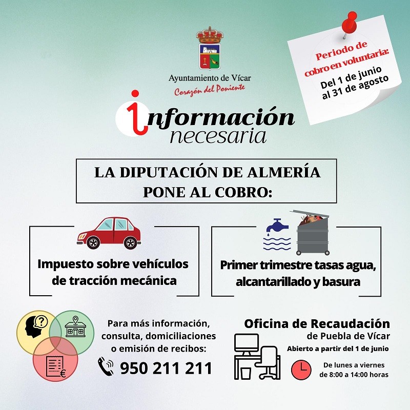 El 1 de junio se abre el plazo voluntario para el cobro del Impuesto sobre Vehículos y las tasas de agua, basura y alcantarillado