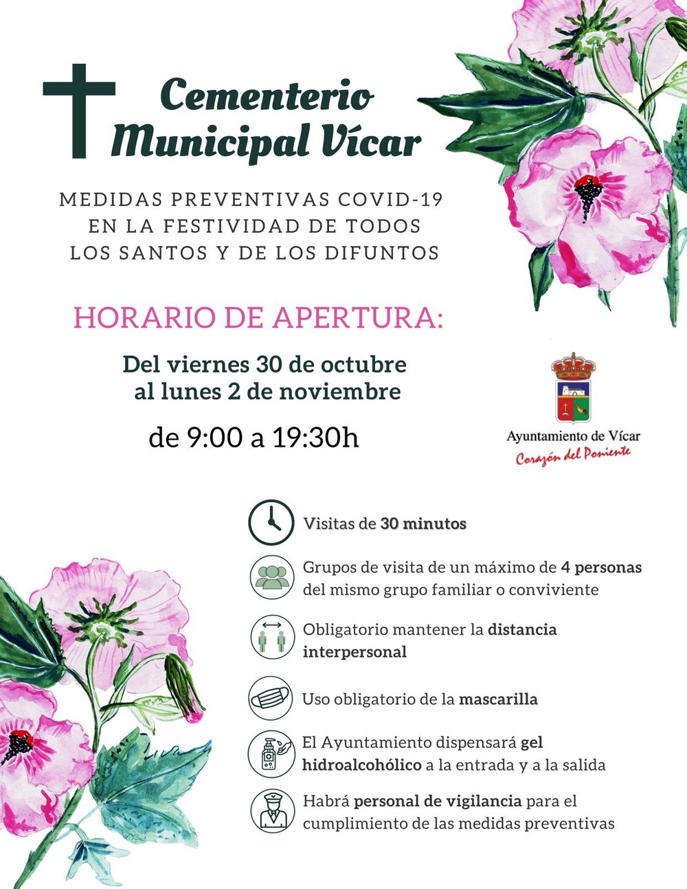 Medidas especiales contra el COVID 19 para la tradicional visita a los cementerios de Vícar por el Día de los Santos y los Difuntos