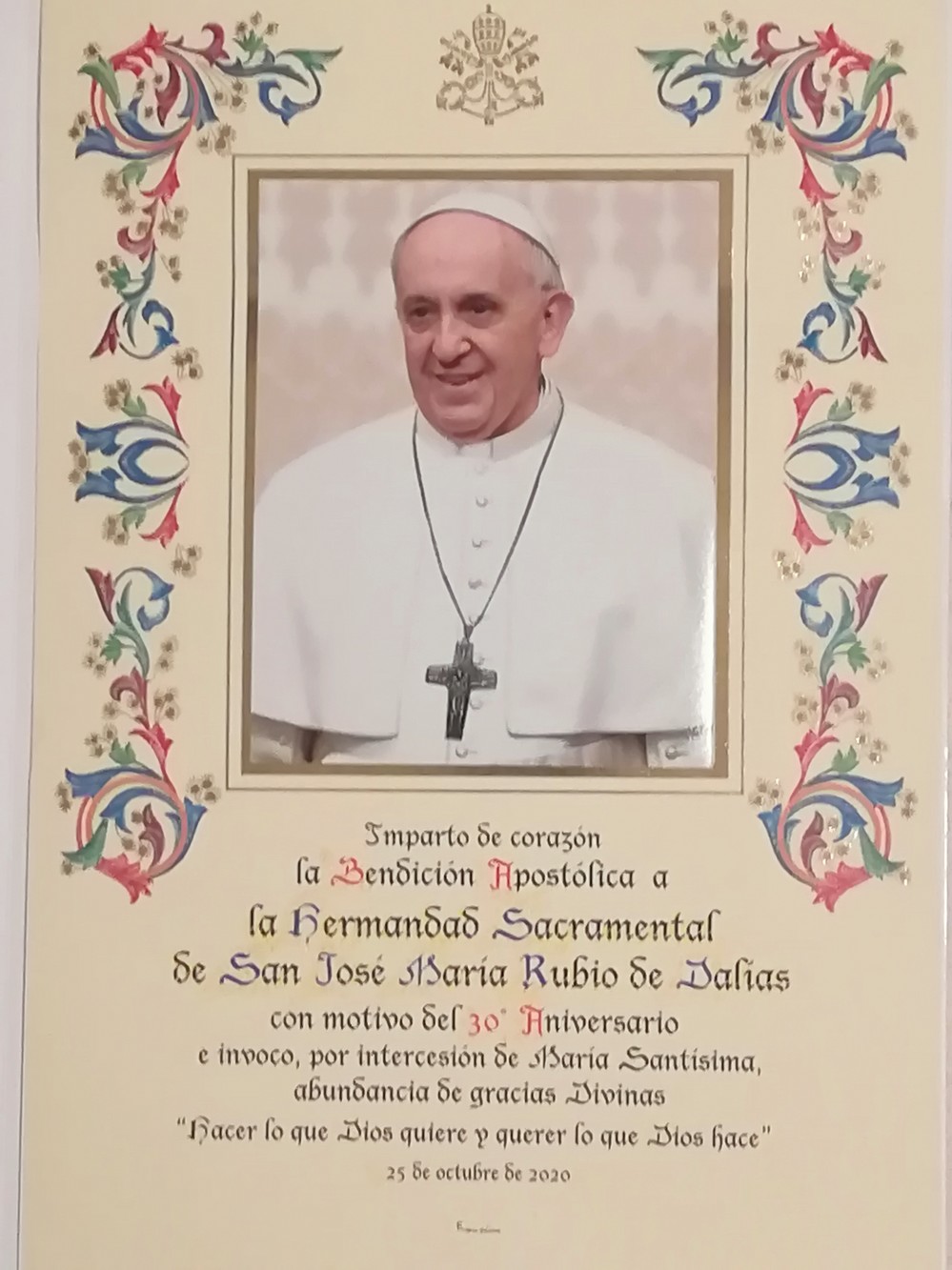 El Papa Francisco I imparte la Bendición Apostólica a la Hermandad de San José María Rubio