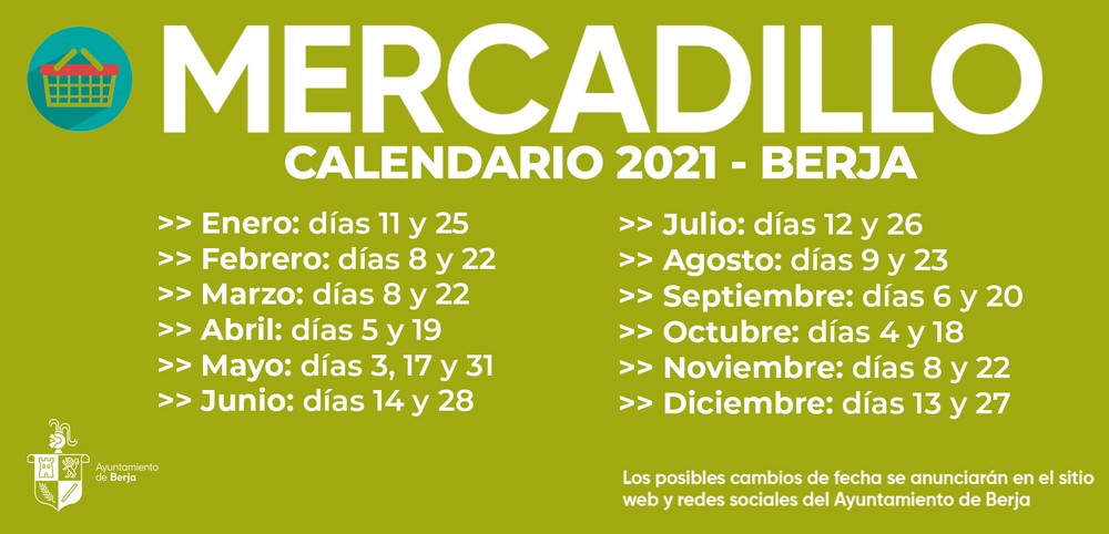 El Ayuntamiento de Berja publica el calendario del mercadillo quincenal para el año 2021