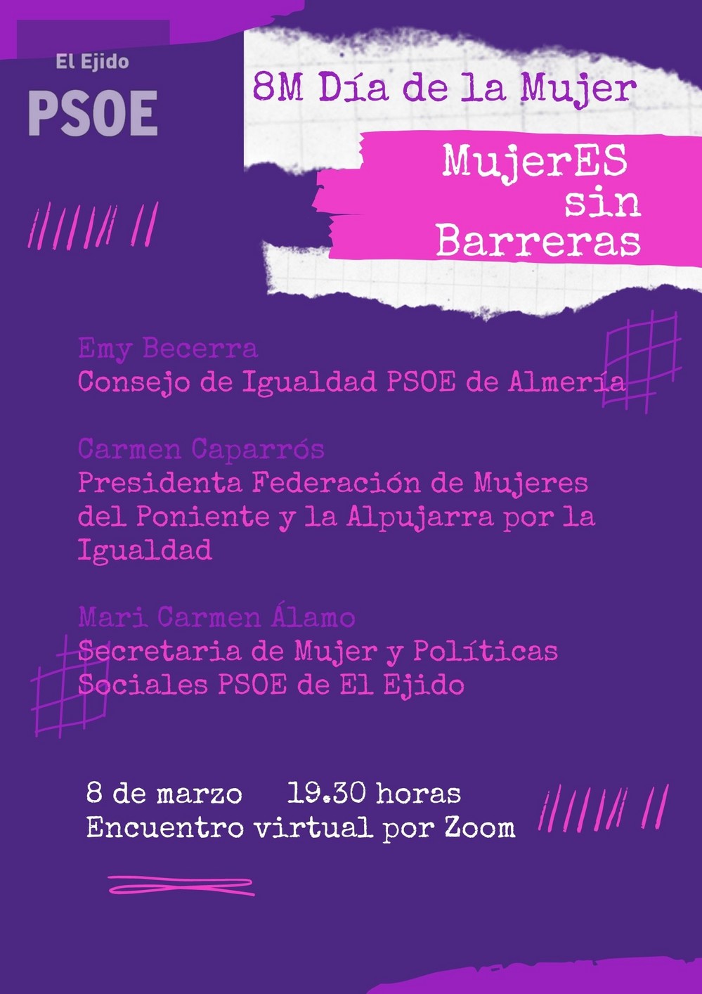 El PSOE de El Ejido organiza el Encuentro Virtual ‘MujerES sin Barreras’ para reivindicar la igualdad de oportunidades en el 8M