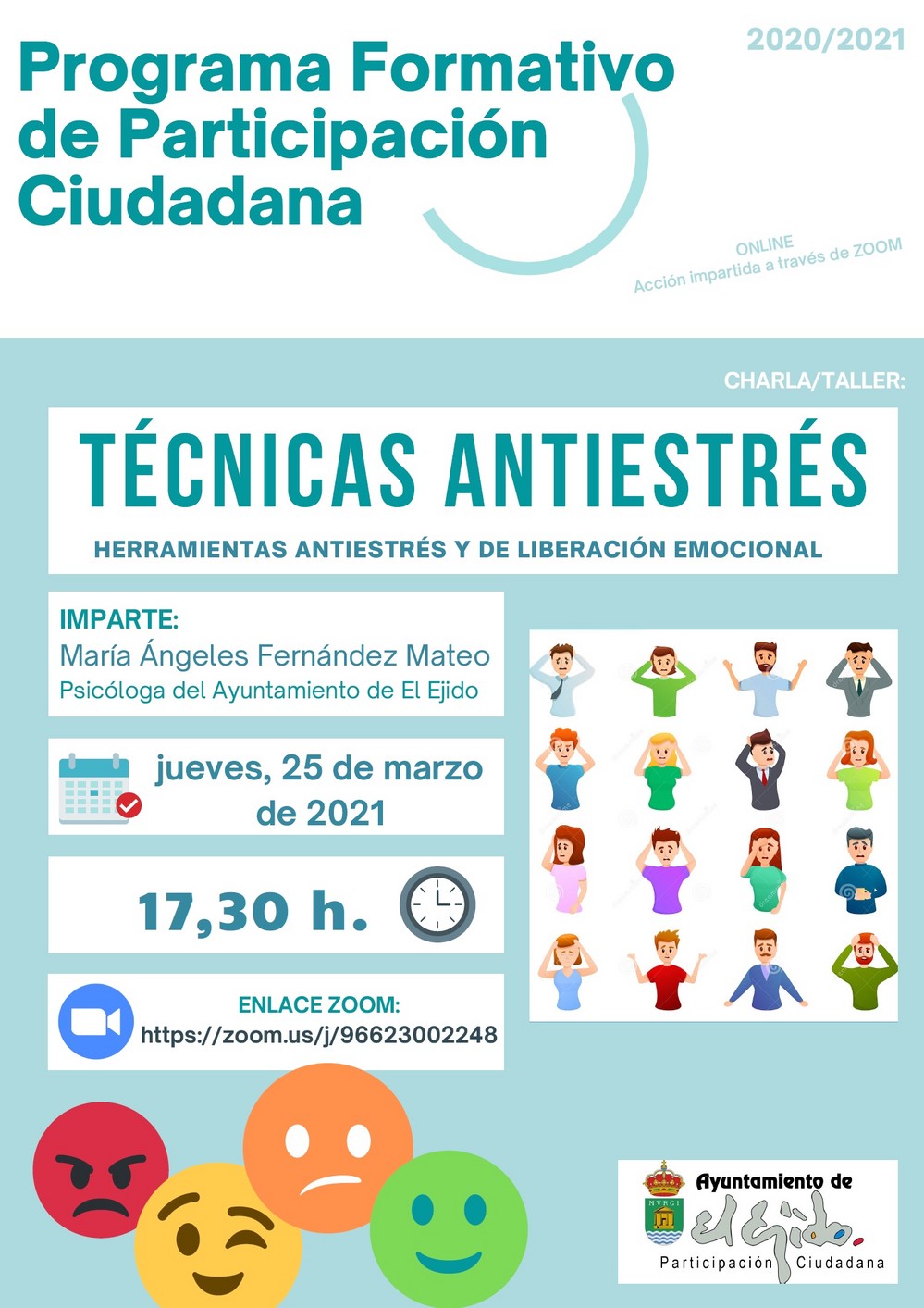 Participación Ciudadana de El Ejido ofrece una jornada formativa online sobre técnicas para combatir el estrés