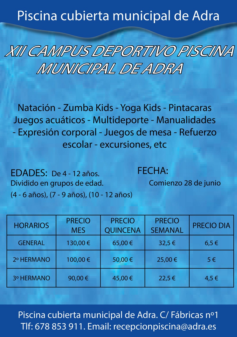 La Piscina Cubierta Municipal de Adra presenta sus cursos estivales y su XII edición del Campus de verano