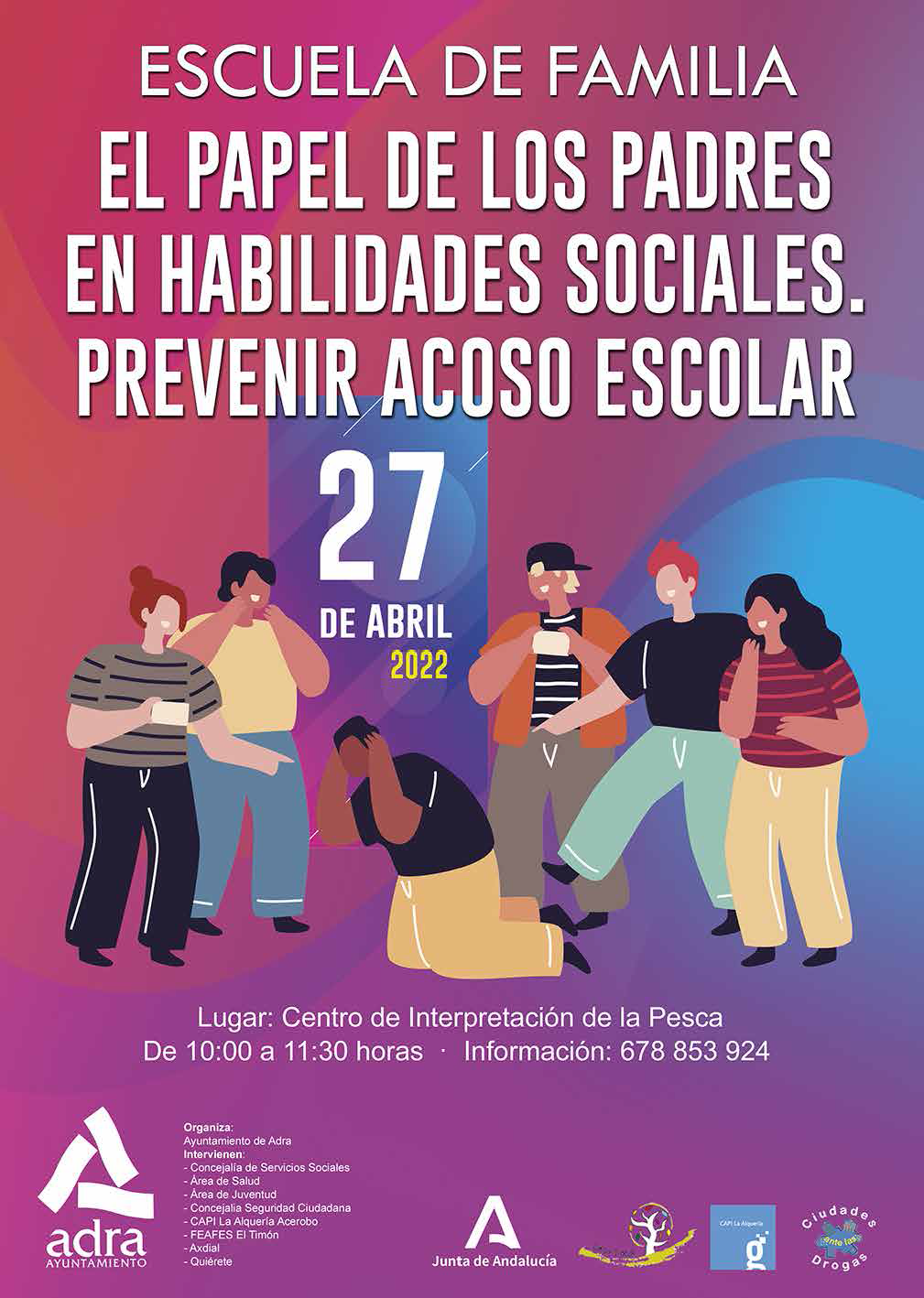 El próximo coloquio de la ‘Escuela de Familia’ de Adra versa sobre la prevención del acoso escolar