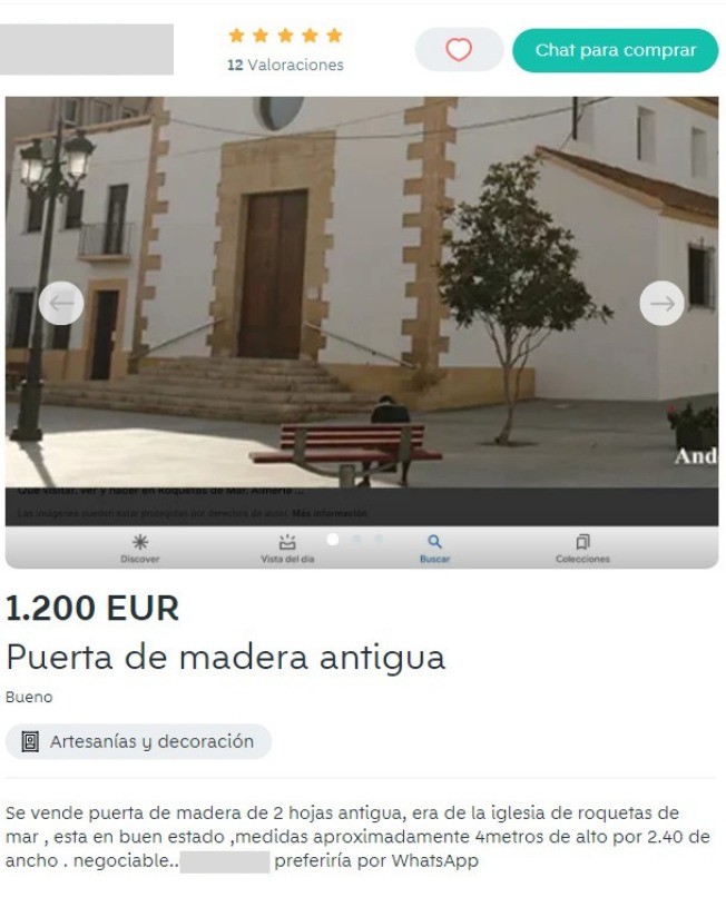 Ponen a la venta en Internet la antigua puerta de la iglesia de Roquetas de Mar
