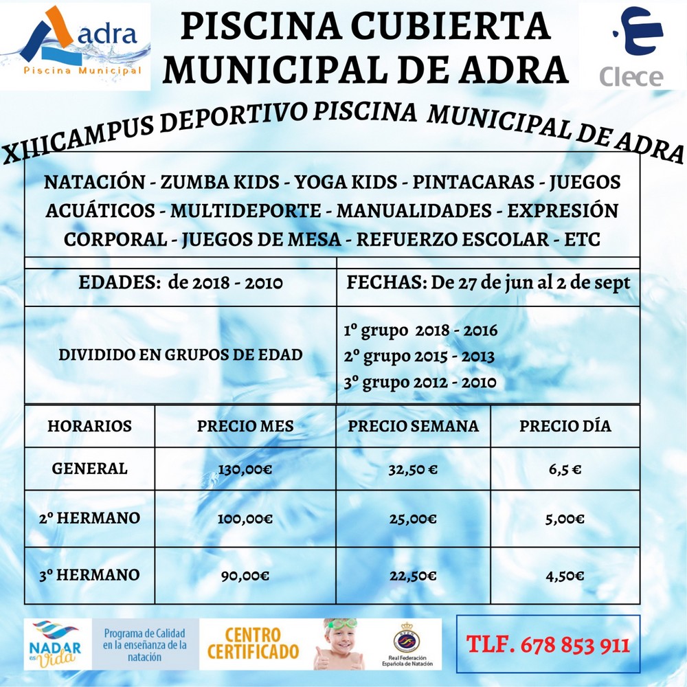 La Piscina Cubierta Municipal de Adra presenta su XIII edición del Campus de verano y las actividades estivales