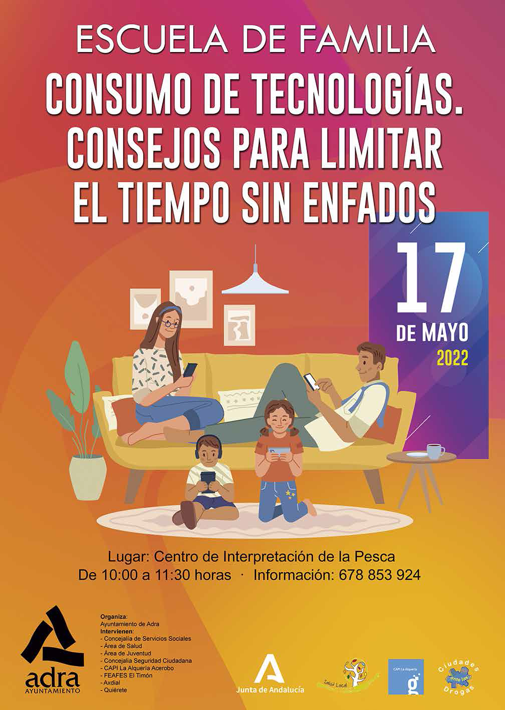 ‘Consumo de tecnologías. Consejos para limitar el tiempo sin enfados’ es el siguiente coloquio de la Escuela de Familia de Adra