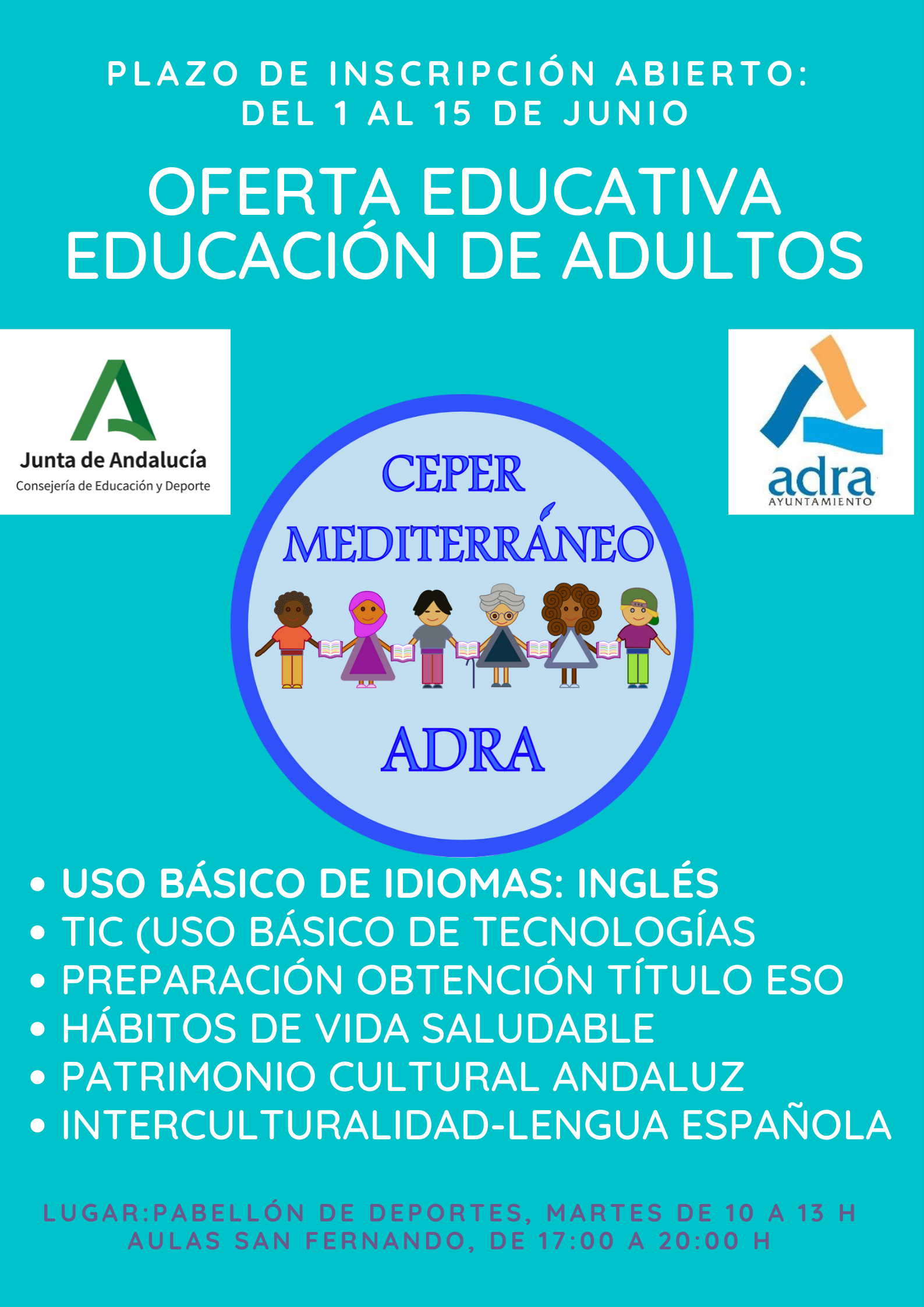 El plazo de matriculación para el Centro de Educación de Personas Adultas en Adra es del 1 al 15 de junio