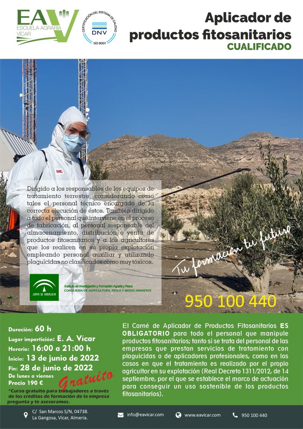 Últimas plazas para el curso de Aplicador de productos fitosanitarios de la Escuela Agraria de Vícar