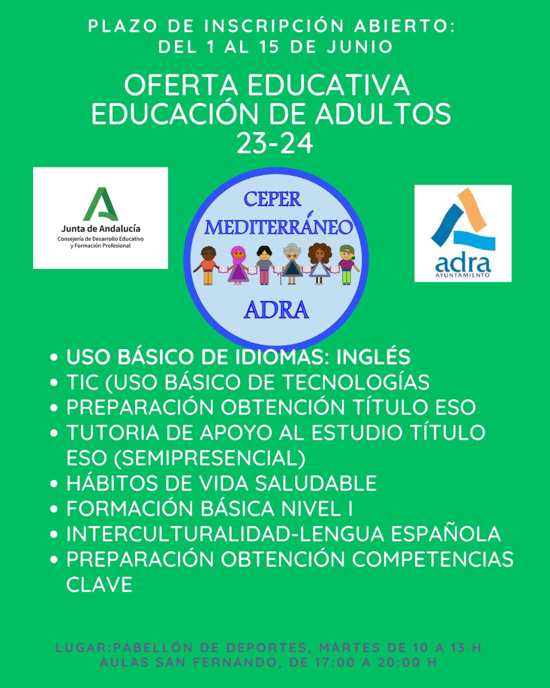 La solicitud de matrícula para el Centro de Educación de Personas Adultas en Adra arranca el 1 de junio